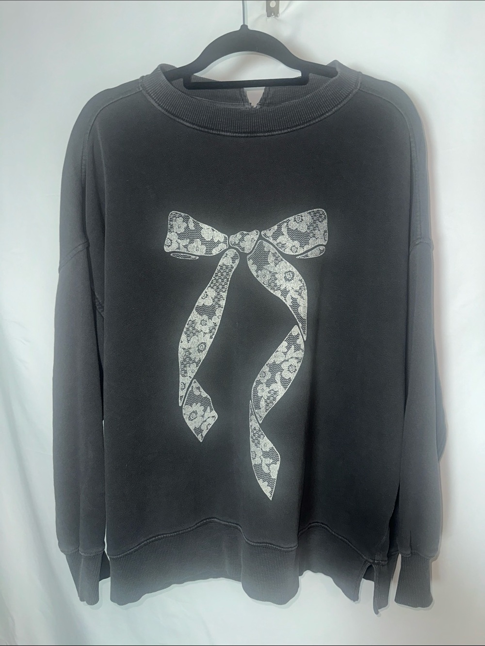 aerie Black Sweatshirt with White Lace Bow Graphic